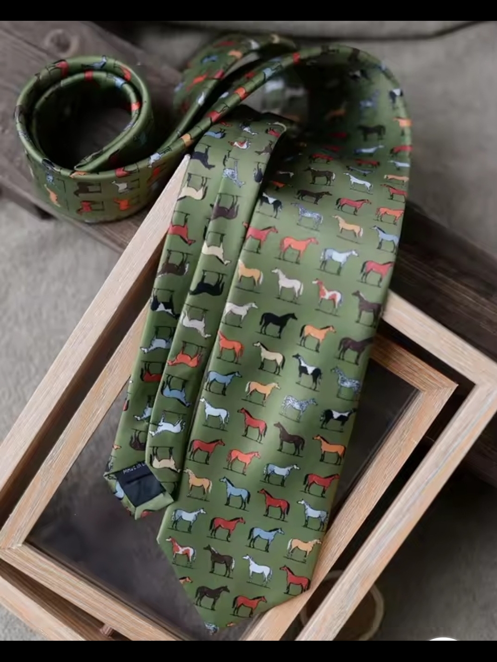 Horse Print Silk Tie in Olive Green - Picture 2 of 4